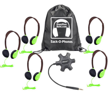 Galaxy™ Econo-Line Sack-O-Phones pack with 5 green headphones, Jackbox, and carrying bag for bulk school headphones.